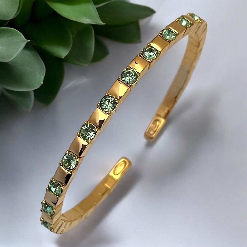Vintage 1990s Joan Rivers Cuff Bracelet Gold Tone Green Crystals - 13G - Picture 3 of 3